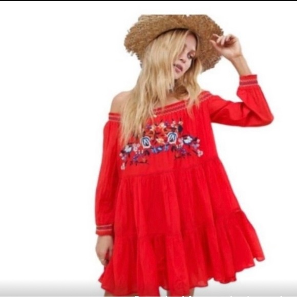 Free People red off the shoulder mini dress - Picture 2 of 7